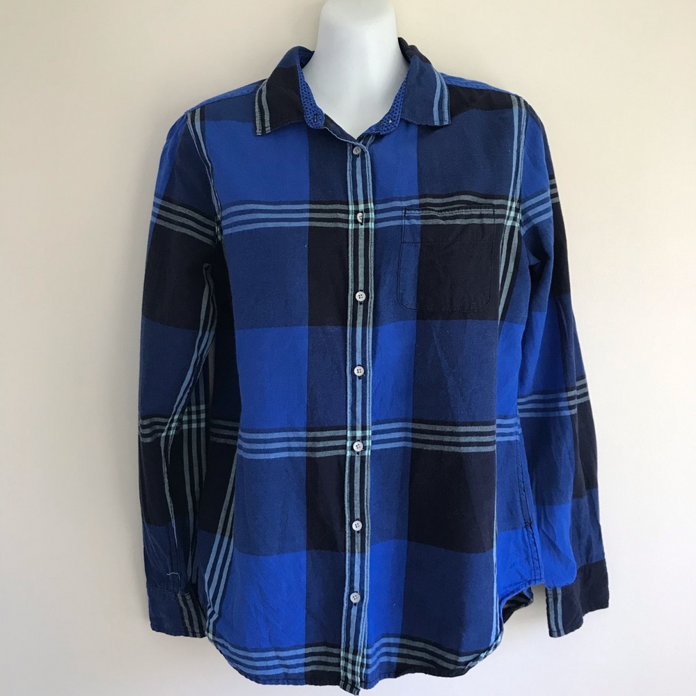 Woman’s Blue/Black 100% Cotton Plaid Button Down Shirt Size Small